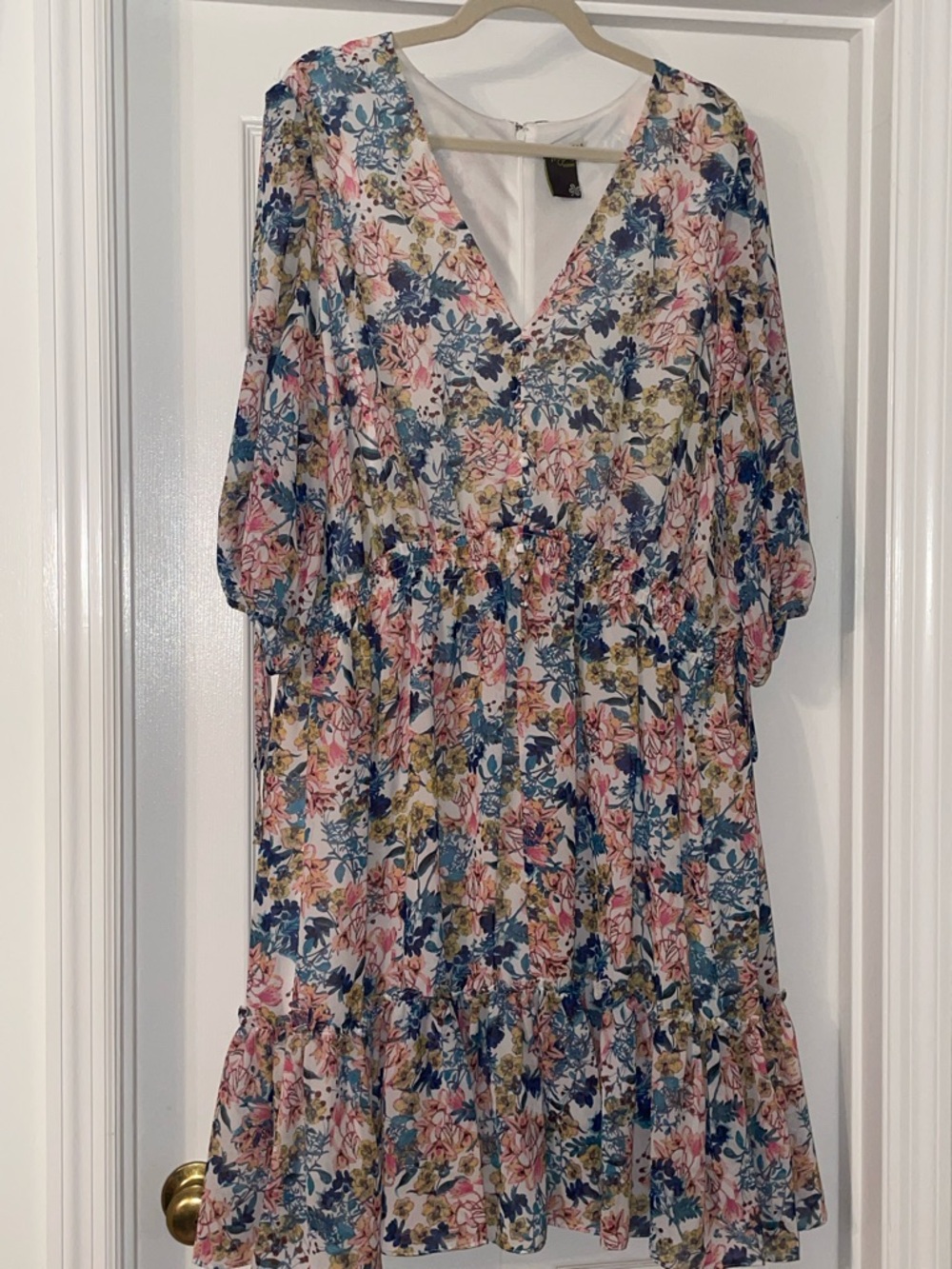 Taylor Floral V-Neck Tiered Midi Dress in Pink, Blue, Cream